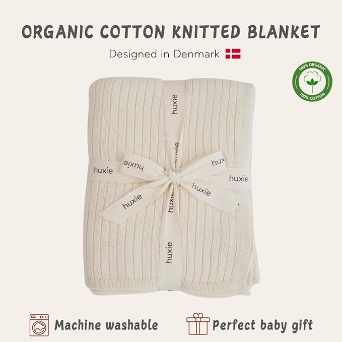Knitted Organic Cotton Baby Blanket- Swaddle Blanket, 30" x 40" Soft Receiving Blanket for Newborn (Soft White)