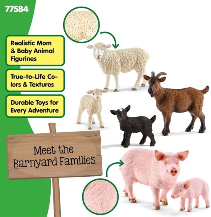 Schleich Farm World - 6PC Farm Animal Bundle with Sheep, Goat and Pig Figurines - Mom and Baby Barnyard Figures for Boys and Girls - Durable Baby Animal Toys for Toddlers and Kids Ages 3+ | 77584