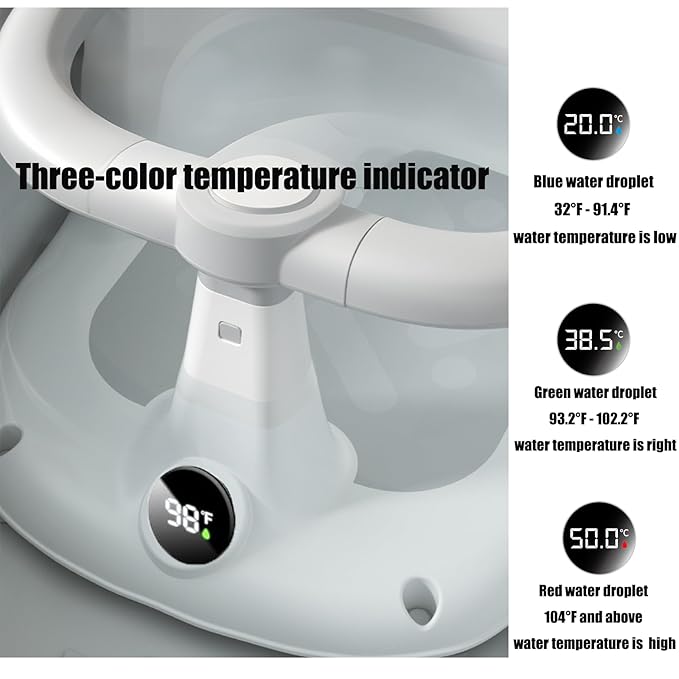 PandaEar Baby Bath Seat for 6 Months & Up, Non-Slip Toddler Bath Chair with Temperature Display, 4 Suction Cups & Soft Cushion, Infant Bathtub Seat for Sitting Up (Gray)
