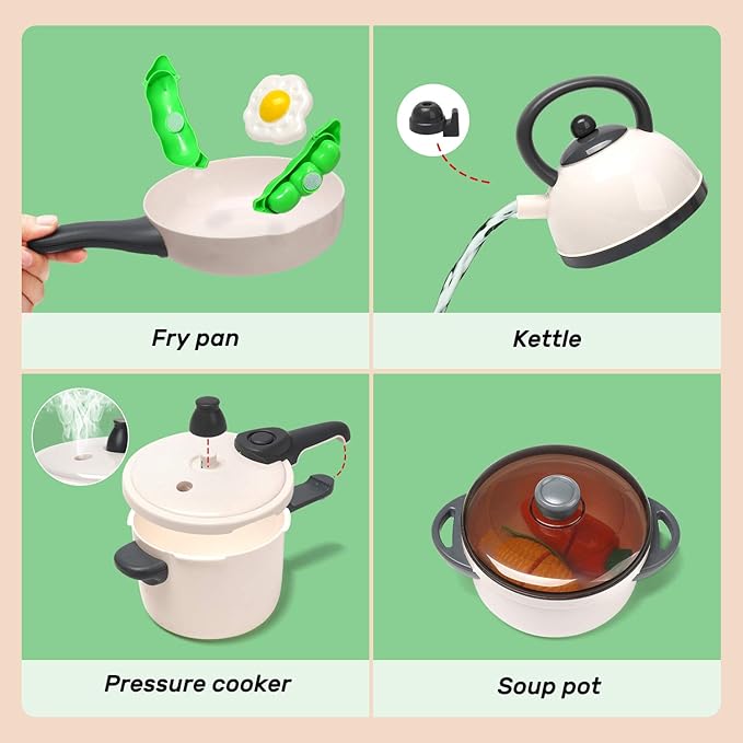 CUTE STONE Pretend Play Kitchen Toy with Cookware Steam Pressure Pot and Electronic Induction Cooktop, Cooking Utensils, Toy Cutlery, Cut Play Food, Shopping Basket Learning Toy for Girls Boys