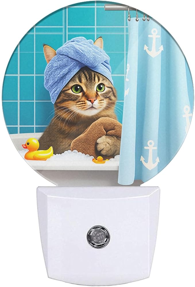 EKOBLA Funny Cat Night Light Kitten Cat with Shower Cap in Bathtub Night Lights Plug into Wall for Boys Girls Men Women, Fun Animal Plug-in Nightlights LED Dusk to Dawn Sensor