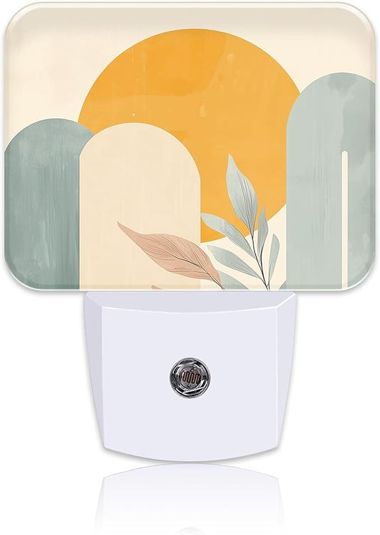 Boho Sun and Leaves Night Light Plug into Wall, Bohemian Abstract Art Night Light with Dusk to Dawn Sensor for Kid Girls Boys Women Men Room, Hallway, Kitchen, Bathroom, Stairs Decor