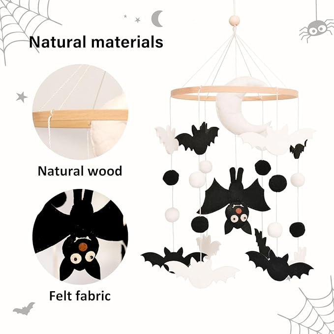 Bat Baby Mobile, Gothic Mobile for Crib, Halloween Crib Mobile for Boys and Girls, Gothic Nursery Mobile for Bassinet, Bat, Moon
