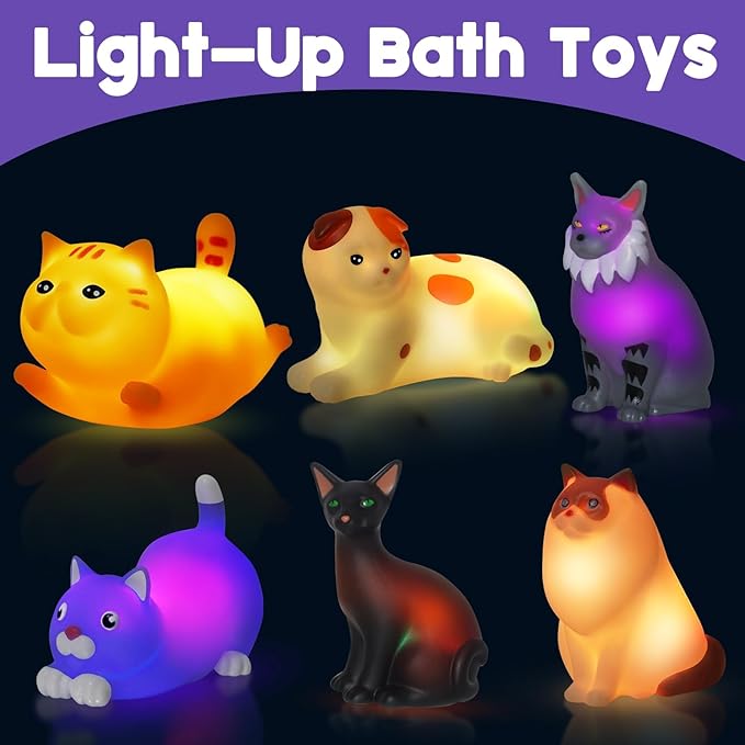 Bath Toys for Kids 1-3, 6 PCS Light-Up Cat Bath Toy Set, Baby Toddler Bath Toys, Bathtub Pool Bath Toy for Kids, Christmas Birthday Gifts for Boys & Girls Ages 1 2 3+ Years Old