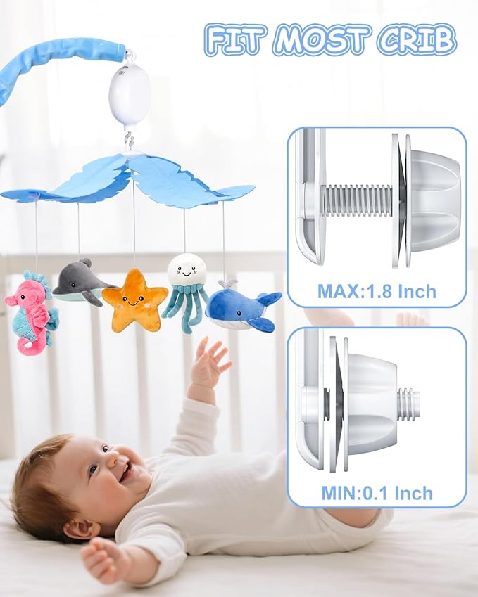 FEISIKE Baby Crib Mobile with 35 Lullabies, 3 Modes Rotation & Music, Adjustable Volume, Nursery Decor for Boys and Girls (Ocean Theme)