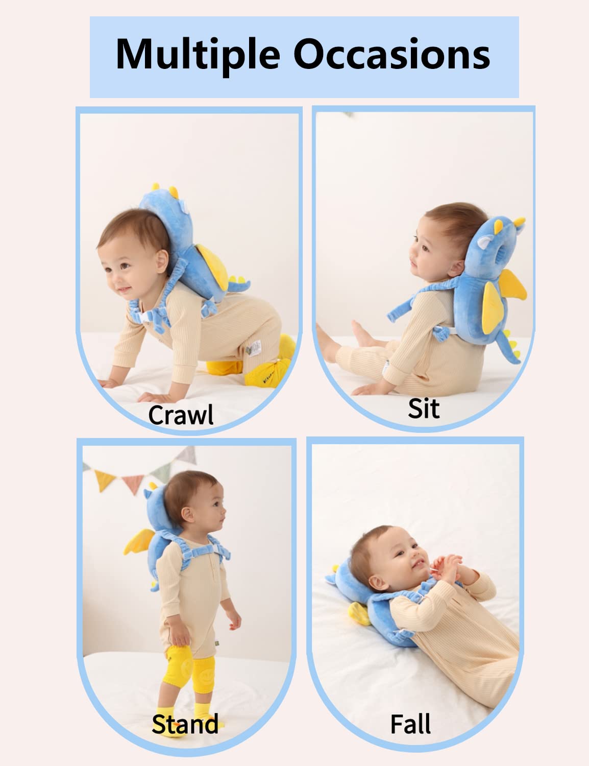 JunNeng Toddler Baby Head Protector Backpack for Toddler Walker with Knee Pads&Anti-Slip Socks, Dinosaur