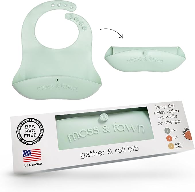 Moss and Fawn Gather & Roll Bib - Washable Waterproof Silicone Baby Feeding Bib - BPA, Lead, & PVC-Free