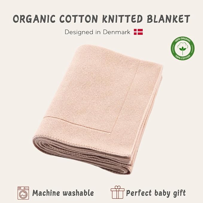 Knitted Organic Cotton Baby Blanket- Swaddle Blanket, 30" x 40" Soft Receiving Blanket for Newborn (Blush Ultra-Soft)