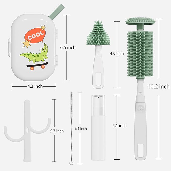 Portable 6 in 1 Travel Kit, Baby Travel Essentials, Bottle Brush Set, Silicone Brushes, Nipple & Straw Cleaner, Soap Dispenser, Storage Box & Drying Rack