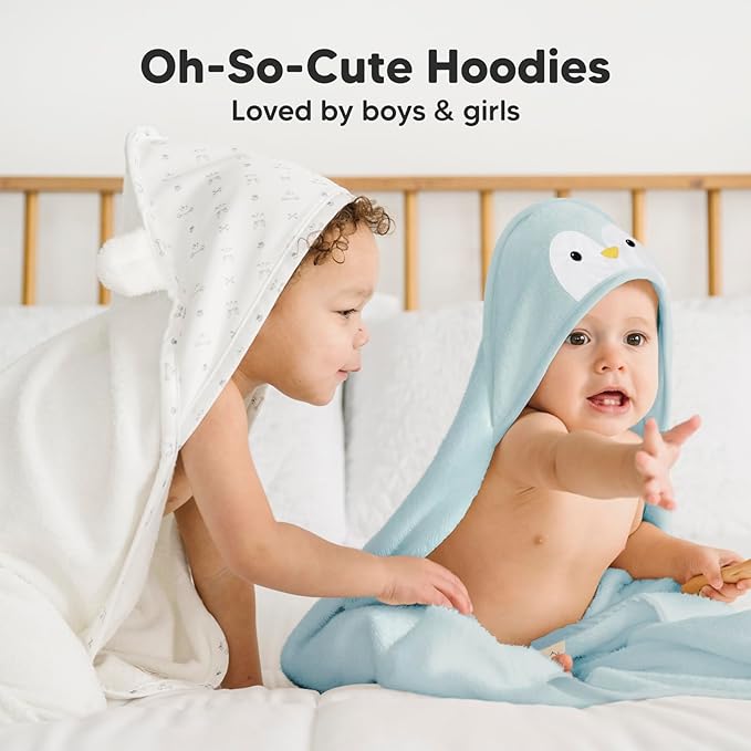 KeaBabies Hooded Baby Towel for Newborn - Viscose Derived from Bamboo Large Baby Bath Towels with Hood for Boys, Girls, Toddler, Extra Absorbent & Soft Newborn Bath Essentials (Penguin, Regular)