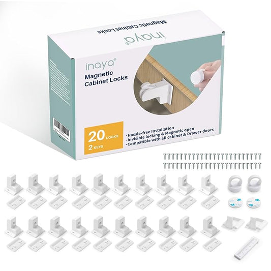 Inaya Magnetic Cabinet Locks Baby Proofing (20 Locks & 2 Keys), Child Safety Magnet Locks for Cabinets & Drawers with Invisible Design, 3M Adhesive for Easy Installation - No Drill & Tool Needed