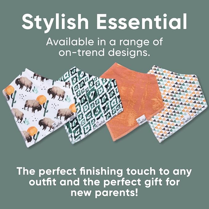 Copper Pearl 4 Pack Soft Cotton Baby Bibs for Drooling and Teething, Absorbent Drool Bibs for Baby Girl and Boy, Adjustable to Fit Newborns to Toddlers, Tons of Styles (Bison)