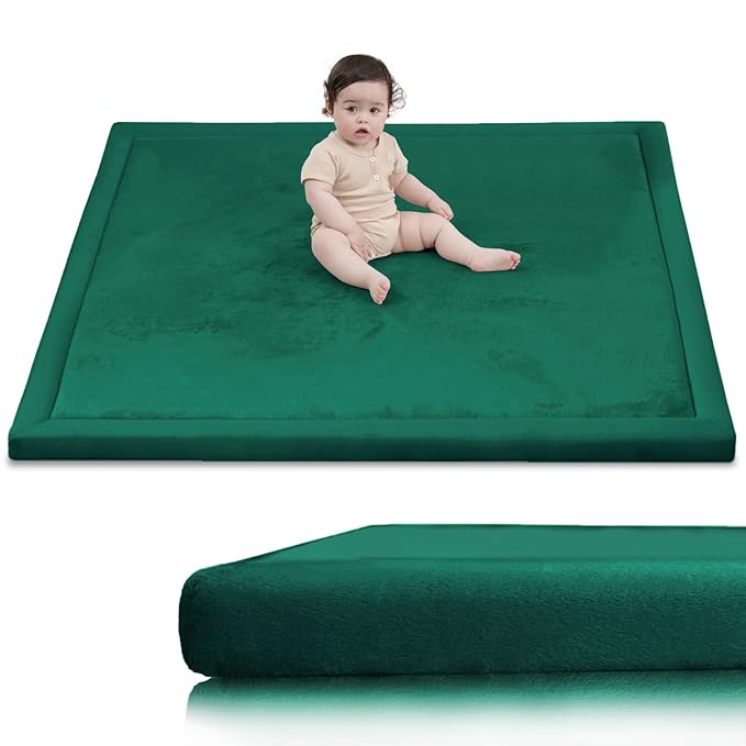 Baby Play Mat for Floor,1.3" Thick Elasti-Foam 50x50 Playpen Mats for Toddlers Infant Kids,Water-Repellent Soft Coral Velvet Tummy Time,Non Slip Crawling Rug,Tatami Mats(Dark Green)