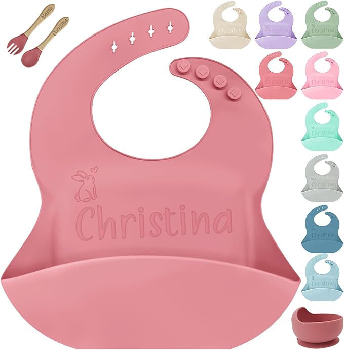 SRdrew Personalized Silicone Bibs Set Custom Engraved Name Icon Toddler Bib Durable Adjustable for Boy Girl