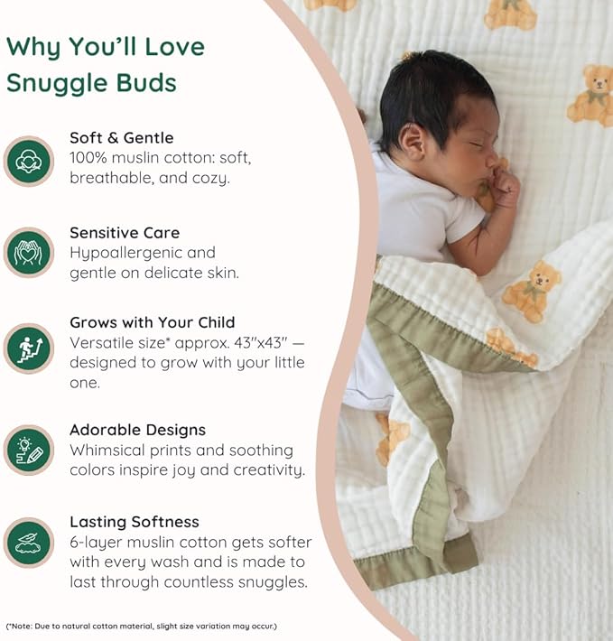 100% Cotton Muslin Baby Blanket | Soft & Breathable 6-Layer Baby Blanket | Lightweight Quilt for Newborns, Infants & Toddlers | Gender-Neutral (Teddy Bear)