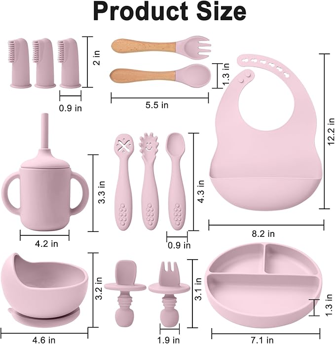 LITTLE RAWR Silicone Baby Feeding Set 14 Pcs,Baby Led Weaning Supplies, Baby Spoons Suction Bowl Divided Plate Bib Cup Finger Brush,First Stage Solid Food Eating Utensils - 6+ Months(Light Pink)