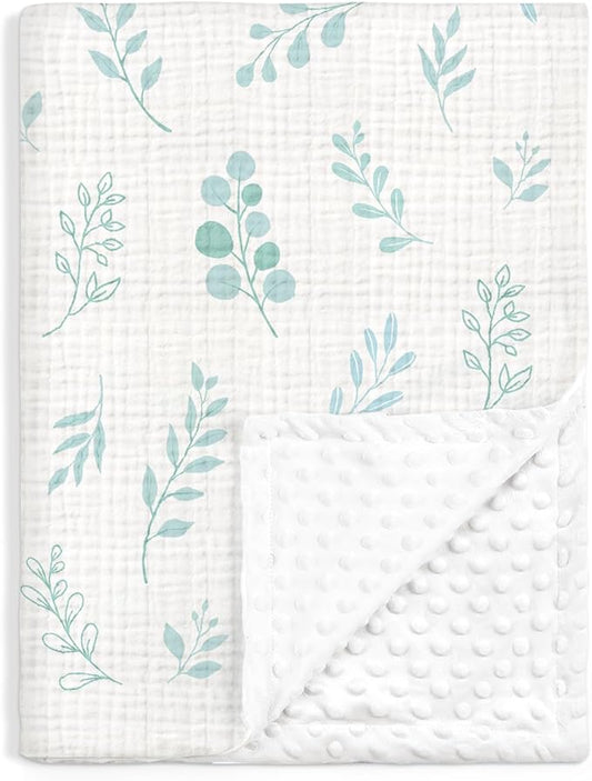 Baby Blankets for Boys Girls, Soft Nursery Minky Blankets with Muslin and Dotted Fleece Back 30x40 inches, Receiving Bed Quilt for Newborn, Infants, Toddlers (Leaf)