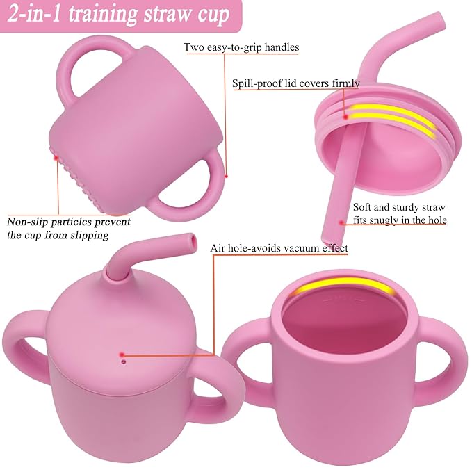Silicone Baby Feeding Set,Baby Led Weaning Supplies Baby Silicone Suction plate and bowl set,Toddler Self Feeding Dish with Spoons Forks Sippy Cup And Adjustable Bib for 6+ Months-Pink