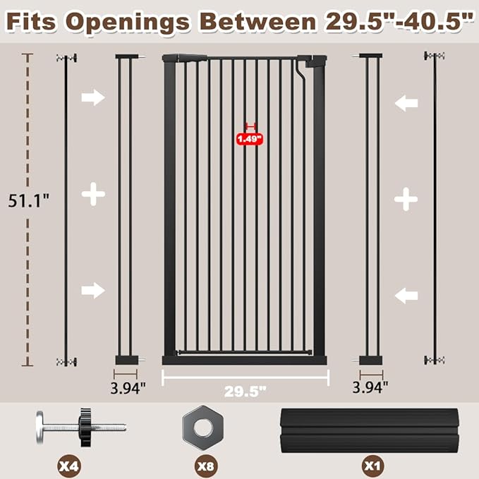 Fairy Baby 51.18" Extra Tall Cat Gate for Doorway, 29.5"-40.5" Extra Wide Pet Gate Dog Barrier Indoor for Cats Dogs, Kid Puppy Dog Gate No Jumping Over & No Climb, Metal Child Safety Proof Gate, Black