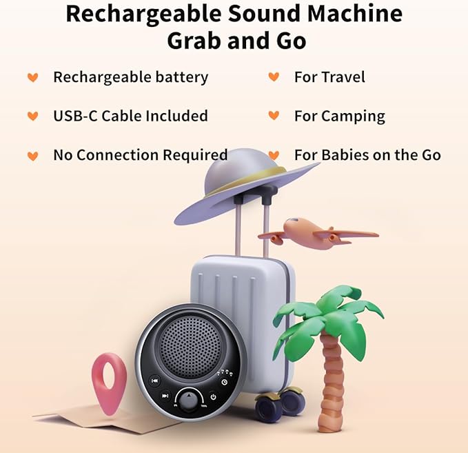 Rechargeable Portable Brown Noise Machine 2000mAH Large Battery Sound White Noise Machine 30 Soothing Sounds for Baby Kids Adults Sleep Machine Auto-Off Timer for Travel Camping and Home