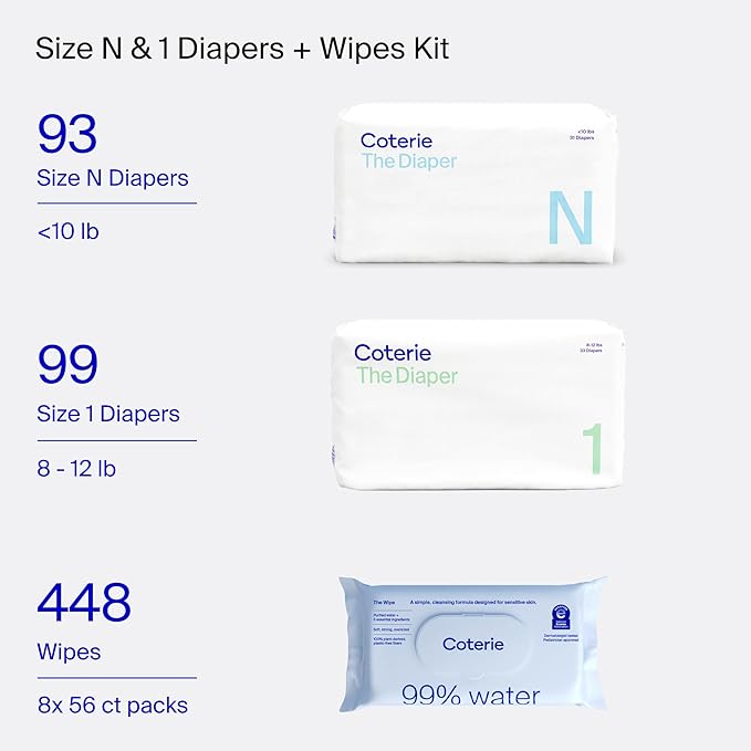 Coterie Baby Wipes + Diapers Kit, Size 1 (99 Count) & Size Newborn Diapers (93 Count), 8 Pack (448) Baby Wipes with 99% Water, Plant Based Materials, Hypoallergenic for Sensitive Skin