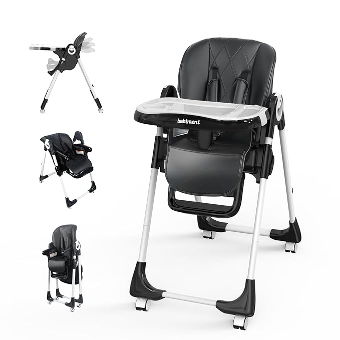 4 in 1 Baby High Chair, High Chairs for Babies and Toddlers, Foldable Highchair with 4 Wheels, 4 Levels of Recline and 7 Levels of Height Adjustment (Black)