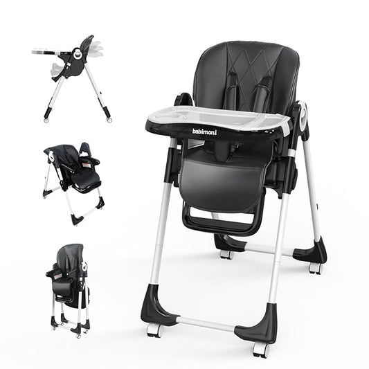 4 in 1 Baby High Chair, High Chairs for Babies and Toddlers, Foldable Highchair with 4 Wheels, 4 Levels of Recline and 7 Levels of Height Adjustment (Black)