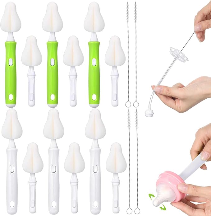 22 Pcs Sponge Bottle Nipple Brushes Set Including 12 Pcs Bottle Sponge Brush Heads 6 Interchangeable Nipple Brush Handles and 4 Long Straw Brushes for Baby Bottles (White and Green Handle)