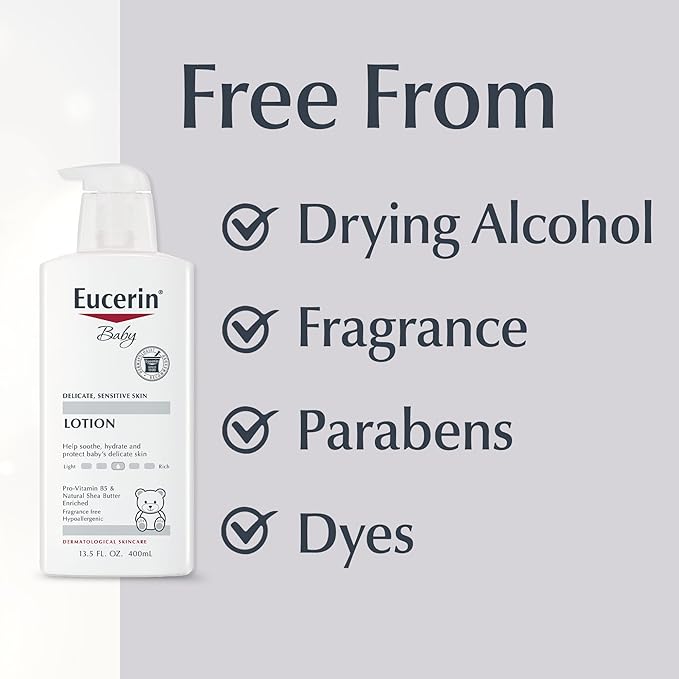 Eucerin Baby Body Lotion, Hypoallergenic and Fragrance Free Baby Lotion with Pro-Vitamin B5 and Shea Butter, 13.5 Fl Oz Bottle