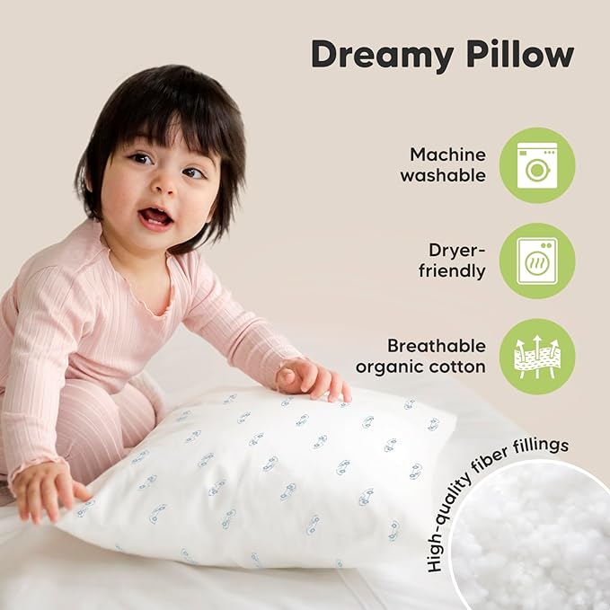 KeaBabies 2-Pack Toddler Pillow 13x18 - Soft Organic Cotton Kids Travel Bed Pillows for Sleeping, School, Nap, Machine Washable, Toddlers 2 to 5, Pillowcase Sold Separately (Roadsters)