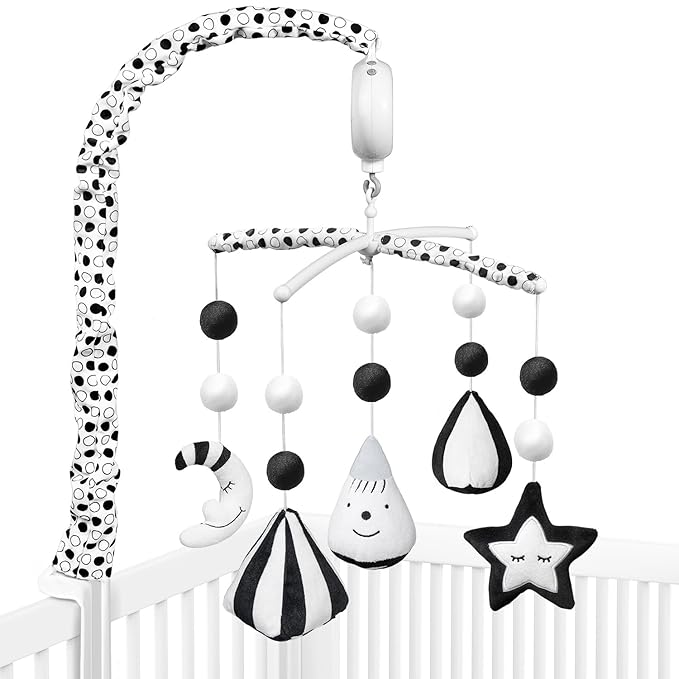 FEISIKE Baby Crib Mobile, Crib Toys Hanging with 35 Lullabies, 3 Modes Digital Musical Box（Turn Only, Music Only, Turn & Music Newborn Baby Toys Black/White for Boys and Grils