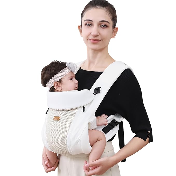 CUBY Newborn Baby Carrier with Head Support and Sunshield, Breathable & Adjustable Newborn Toddler Front Baby Carriers Sling, Hands-Free Newborn Carrier up to 40lbs(White, Classic-with Inner Crotch)
