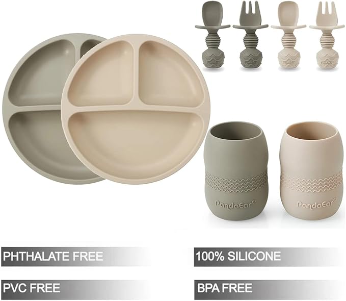 PandaEar Silicone Baby Feeding Set| 2 Pack Silicone Divided Suction Plate and 2 Pack Tiny Cup with 2 Spoons 2 Forks| Baby Led Weaning Supplies Self Feeding Eating Utensils (Light Tan/Walnut)