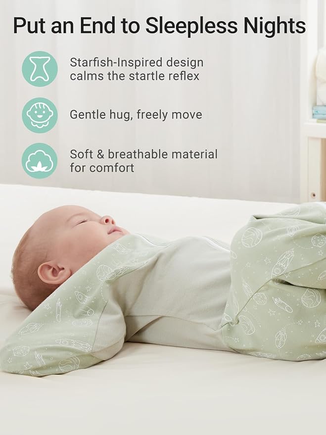 GROWNSY Transitional Swaddle Sleep Sack 6-12 Months, Starfish Design Baby Swaddle Sack, Dual-Zipper for Easy Diaper Changes, Proper Hip Development & Openable Foot Button, 19-27 lbs, Green