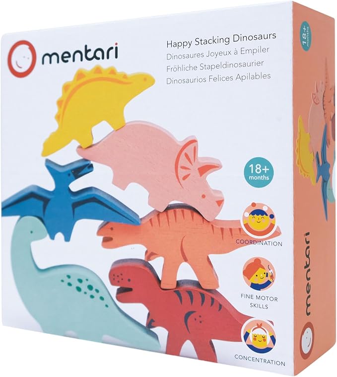 Mentari Toys - Happy Stacking Dinosaurs - 6pc Wooden Stacking Toy for Toddlers - Colorful Dinosaur Balancing Activity Toy with Bag - Boost Fine Motor Skills and Dexterity - Age 18m+