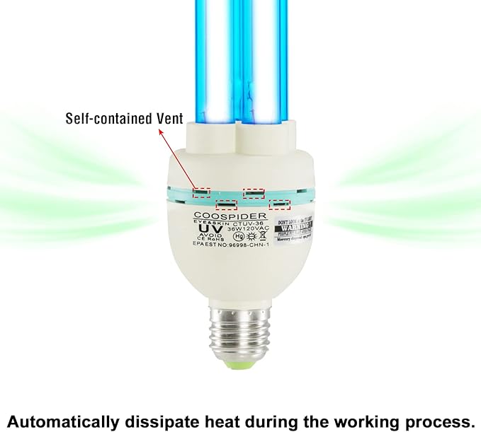36 Watts UVC Light Bulb, UV Lamp for Basement/Storehouse/Car, E26 110V CTUV-36 (Ozone Free)