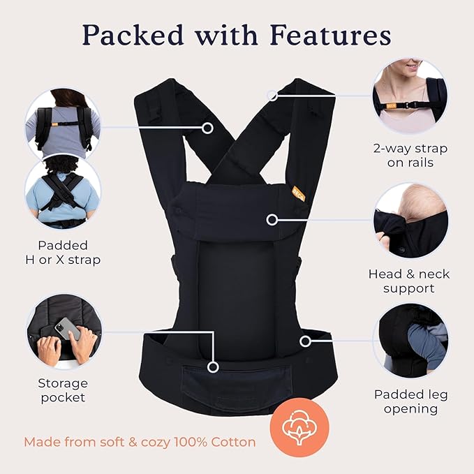 Beco Baby Carrier - Gemini Baby Carrier from Newborn to Toddler - Certified Ergonomic Newborn Baby Carrier for Infants and Children of 7-35 lbs - M Shape, Adjustable Seat, 100% Cotton (Metro Black)