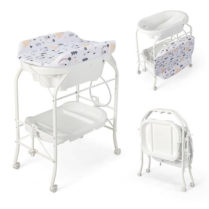HONEY JOY Baby Changing Table with Bathtub, Foldable Infant Diaper Changing Station with Wheels, Storage Tray, Waterproof Pad, Portable Newborn Nursery Organizer Bath Stand for Boys Girls (White)