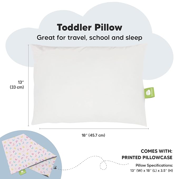 Toddler Pillow with Pillowcase - 13x18 My Little Dreamy Kids Travel Bed Pillows for Sleeping, Organic Cotton Small Pillowcase, Soft & Breathable, Machine Washable, Toddlers 2-5 Years Old (Flutter)