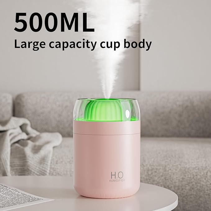 Small Humidifier for Plants, 500ml Cool Mist Desk Humidifier with Night Light, Ball Cactus Mini Humidifiers, Whisper-Quiet Operation, Two Spray Modes, Auto Shut-Off for Bedroom, Babies Room, Travel