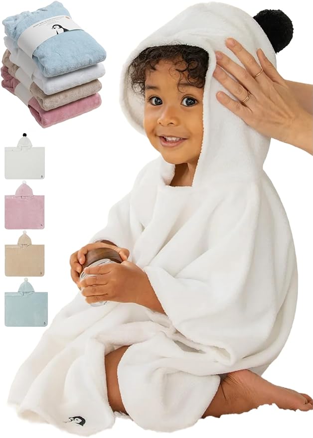 Konny Baby Hooded Towel Plush Thick & Cozy Soft-Touch Absorbent Rayon from Bamboo Cotton Baby Bath Beach Towel, Oeko-TEX, Newborn Boys Girls Toddler (White, Medium)