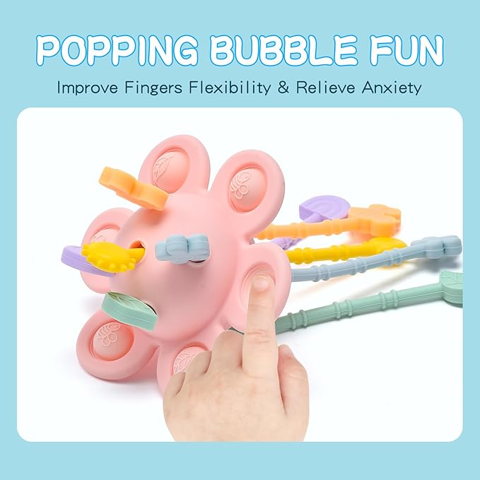 Montessori Sensory Toys for Babies,Silicone Teething Toys Pull String Baby Toy 6-12-18 Months (Pink)