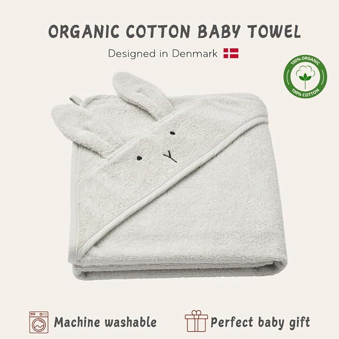 Baby Hooded Towel – Organic Cotton Baby Bath Towels – Baby Towels for Baby Boy, Baby Girl, Large 32" x 32" Super-Soft and Absorbent Baby Towels for Newborn (Rabbit - Pearl Grey)