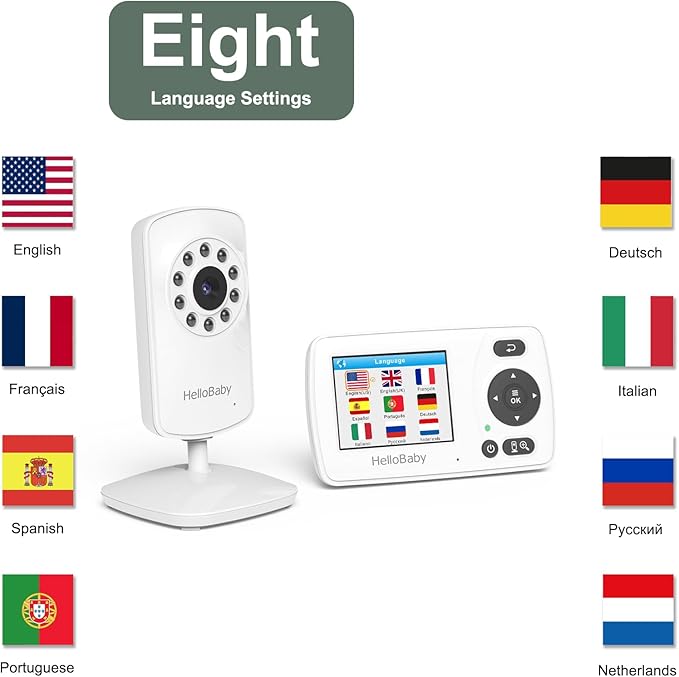 Hellobaby HB30 Video Baby Monitor with Digital Camera and Audio, No WiFi No App Safety Baby Monitor, 8 Languages, Auto Night Vision, 1000ft Transmission Range, 2.4 inch Portable Screen, White