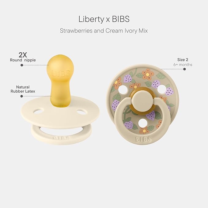 BIBS Colour Liberty Soother 2-Pack, BPA Free Dummy Pacifier, Round Nipple. Natural Rubber Latex, Made in Denmark, Size 2 (6-18 Months), Strawberries and Cream Ivory Mix