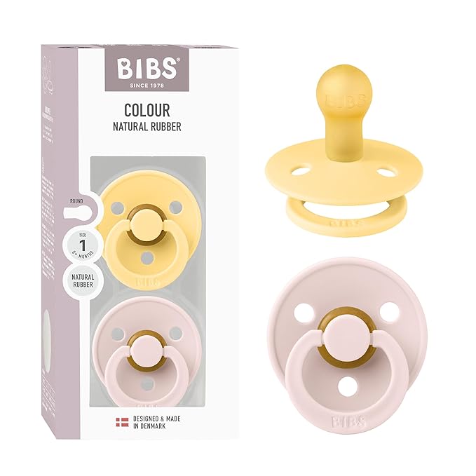 BIBS Colour Pacifier 2-Pack, BPA Free Dummy Binky, Round Nipple. Natural Rubber Latex, Made in Denmark, Size 1 (0-6 Months), Pale Butter/Petal