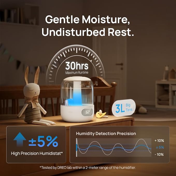 Dreo Cool Mist Humidifiers for Baby, 3L Top Fill, 26dB Quite, Ambient Indicator Light for Nursery, Less Refill, Indoor, Adjustable Nozzle, New Edition
