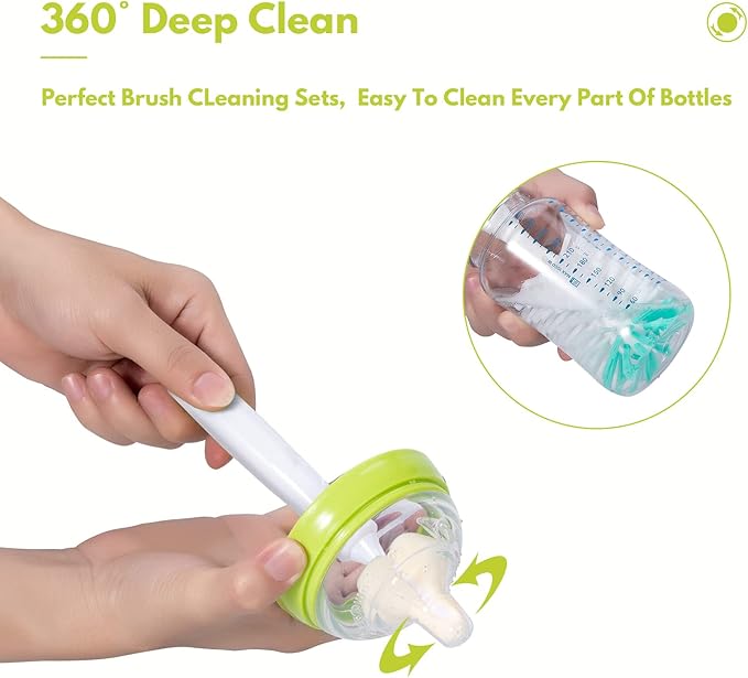 Baby Bottle Brush Set with Nipple Cleaner and Suction, 10.2" Cleaning Brush and 6.5" Sponge Bottle Brush with A Replacement Brush Head and Two 6.7" Straw Brushes, Pack of 5 (Green)