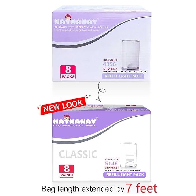 Diaper Pail Refill Bags Compatible with Dekor Classic Diaper Pail, Extra 30% Length, Hold up to 5148 Diapers, Lavender Scent, 8 Pack