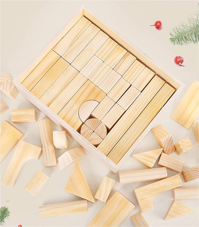 Onshine Large Wooden Blocks for Toddlers 1-3, 64 Pieces Big Wood Building Blocks Set with Wooden Storage Box, Large Toddler Blocks Building and Stacking Toys Construction Set